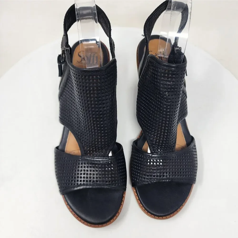 Sofft Nadira Sandal Size 9.5M Black Leather Perforated Peep Toe Zipper SF0027301
